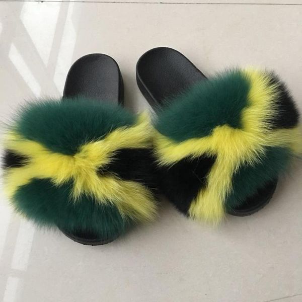 fur slides real fur slippers large fox fur slides, Black
