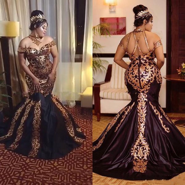 sparkly gold lace mermaid evening dresses party wear sequined halter off the shoulder plus size african prom gowns sweep train satin, Black
sparkly gold lace mermaid evening dresses party wear sequined halter off the shoulder plus size african prom gowns sweep train satin, Black