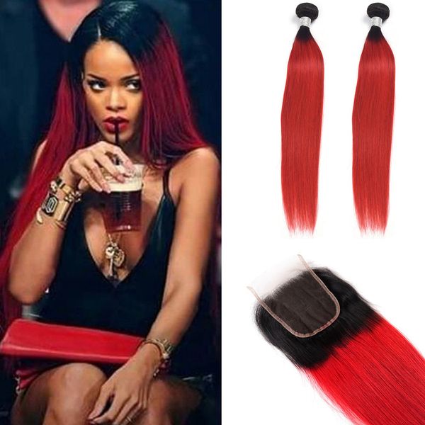 

peruvian human hair 1b/red 2 bundles with 4x4 lace closure middle three part straight virgin hair wefts with 4 by 4 closures 10-28inch, Black;brown