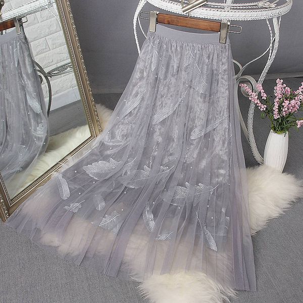uppin spring summer 2019 skirts womens beading embroidery leaves elegant sweet girls skirt tulle high waist midi long skirt, Black;gray 
uppin spring summer 2019 skirts womens beading embroidery leaves elegant sweet girls skirt tulle high waist midi long skirt, Black;gray