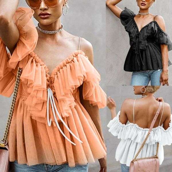 women v neck strappy ruffle frill ladies off shoulder lace loose casual elegant solid t shirt #25, White
women v neck strappy ruffle frill ladies off shoulder lace loose casual elegant solid t shirt #25, White