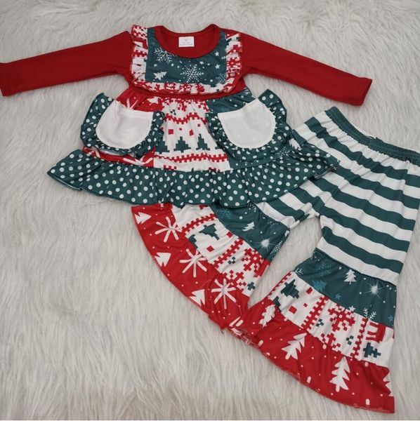 rts girl christmas pattern dress and pants outfits, White