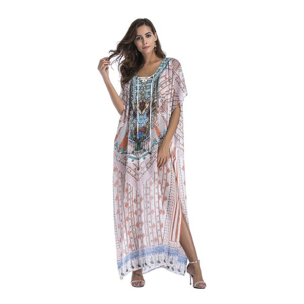 women printed dress long skirt chiffon outer blouse women clothing bat skirt v neck bat sleeve 41, White
women printed dress long skirt chiffon outer blouse women clothing bat skirt v neck bat sleeve 41, White