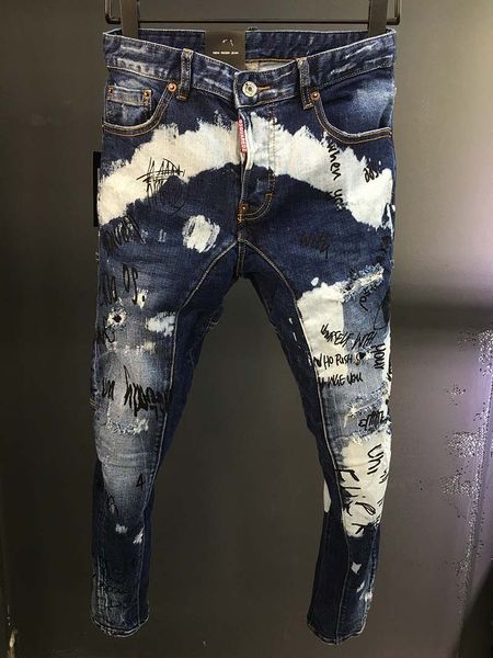 men's jeans slim little feet sewing personality street tide pants denim fashion pants d2 hole printing graffiti new, Blue
men's jeans slim little feet sewing personality street tide pants denim fashion pants d2 hole printing graffiti new, Blue