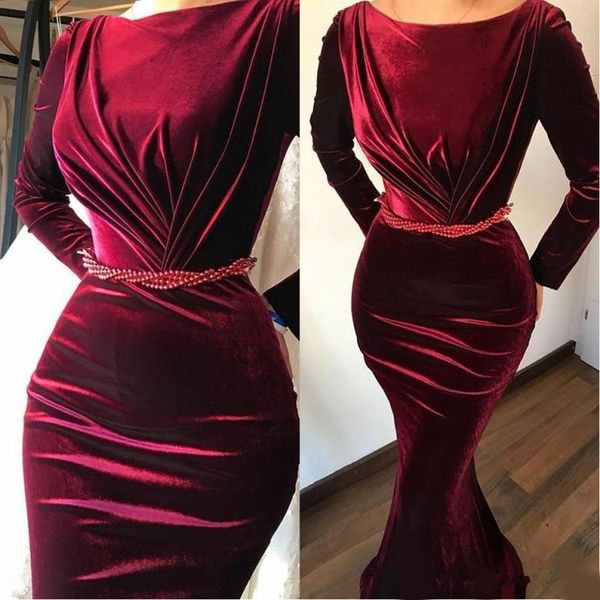 2020 dark red velvet evening dresses bateau mermaid long sleeves burgundy prom gowns with pearls sash runway dress, Black;red
2020 dark red velvet evening dresses bateau mermaid long sleeves burgundy prom gowns with pearls sash runway dress, Black;red