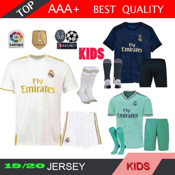 

2019/20 real madrid soccer jersey kids kits hazard socks 19 20 football shirt asensio sergio modric ramos marcelo bale isco child soccer, Black;yellow