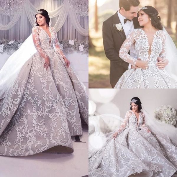 gorgeous royal 2021 wedding dresses lace applique long sleeves deep v neck gray lining bridal gowns duabi arabic wedding gowns robes de mari, White
gorgeous royal 2021 wedding dresses lace applique long sleeves deep v neck gray lining bridal gowns duabi arabic wedding gowns robes de mari, White