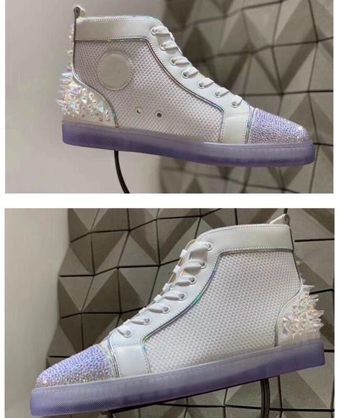summer white mesh leather with spikes & strass high red bottom sneakers women men casual outdoor trainer eu35-47, Black
summer white mesh leather with spikes & strass high red bottom sneakers women men casual outdoor trainer eu35-47, Black
