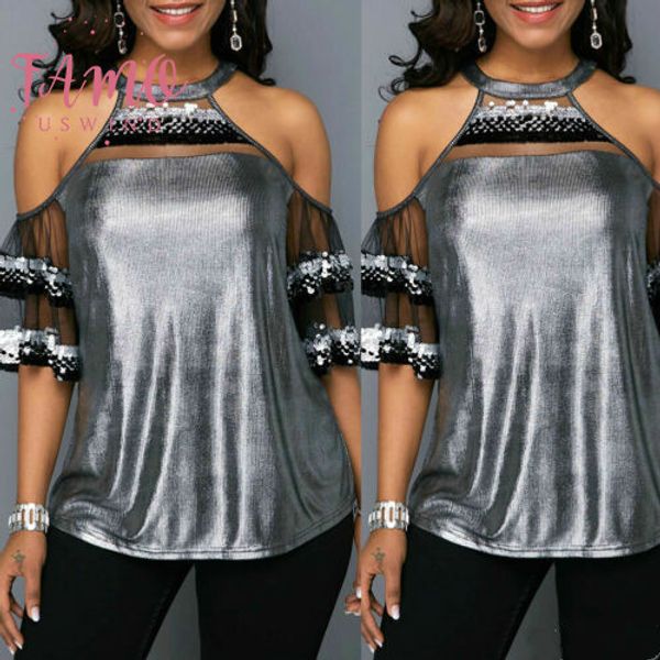 2019 women off shoulder sequins t shirt summer holiday ladies loose short sleeve bling casual t shirt, White