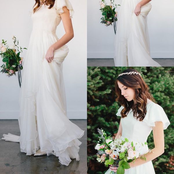 Flowy Chiffon Modest Wedding Dresses 2019 Beach Short Sleeves Beaded Belt Temple Bridal Gowns Queen Anne Neck Informal Reception Dress