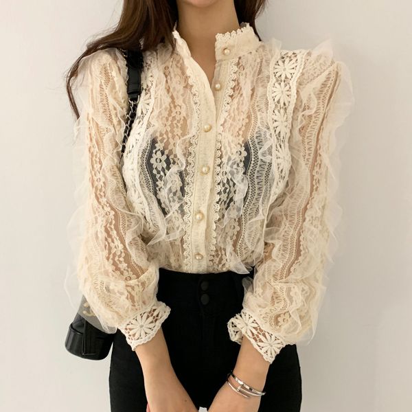 new sweet lace crochet shirt elegant flower women blouse long sleeve perspective hollow out, White
new sweet lace crochet shirt elegant flower women blouse long sleeve perspective hollow out, White