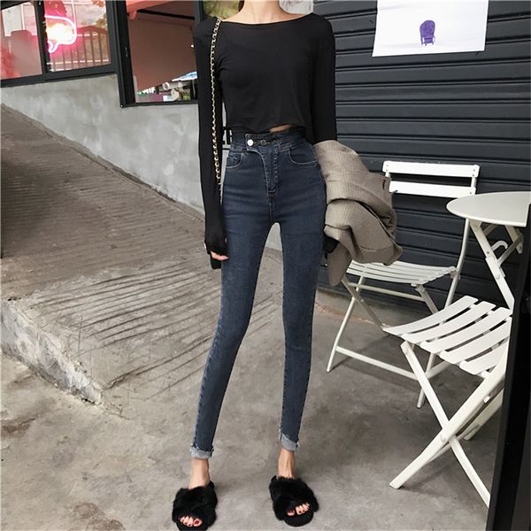 

real s2020 new fashion retro high waist skinny jeans wild was thin feet pencil pants casual stretch nine points jeans, Blue