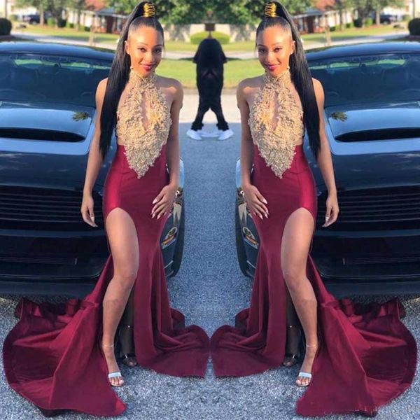 2019 Black Girls Halter Mermaid Long Prom Dresses Gold Lace Applique Split Sweep Train Party Evening Gowns robe de soiree
2019 Black Girls Halter Mermaid Long Prom Dresses Gold Lace Applique Split Sweep Train Party Evening Gowns robe de soiree