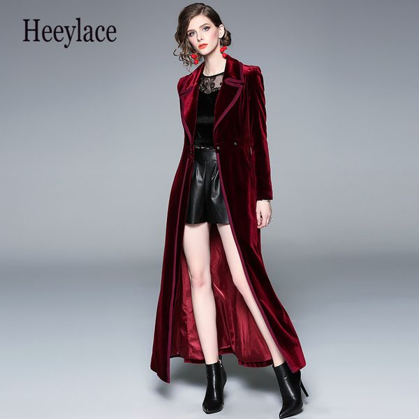 

2019 autumn winter burgundy velvet x-long overcoat women's notched collar outwear vintage ankle length thick maxi trench coat, Tan;black