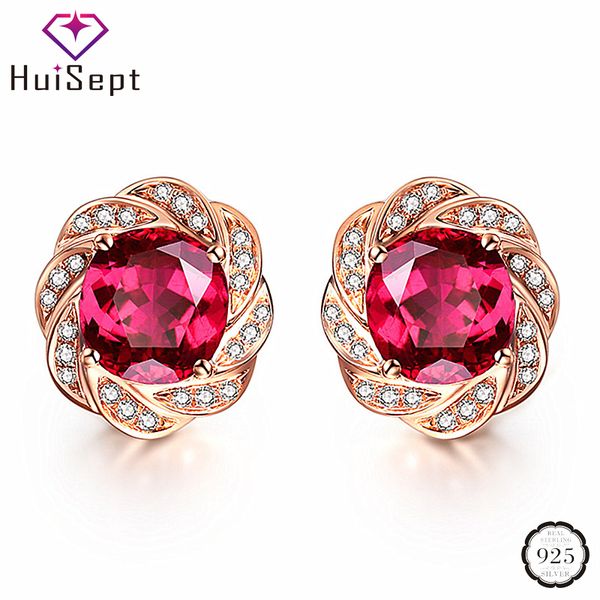 huisept fashion silver 925 stud earrings jewellery round shaped ruby zircon gemstones women earrings for wedding party wholesale, Golden;silver