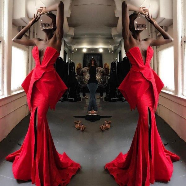 red mermaid prom dresses strapless front split ruffles floor length robe de soiree vestido de festa pageant dress party gowns, Black
red mermaid prom dresses strapless front split ruffles floor length robe de soiree vestido de festa pageant dress party gowns, Black