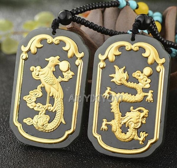 beautiful natural black green hetian jade + 18k gold inlaid chinese dragon phoenix lucky pendant + necklace fine jewelry, Silver
beautiful natural black green hetian jade + 18k gold inlaid chinese dragon phoenix lucky pendant + necklace fine jewelry, Silver