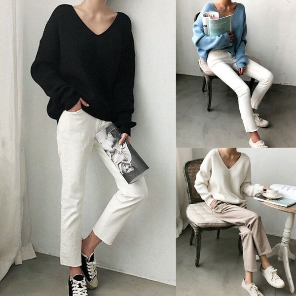 women solid v-neck knitwear loose sweater pullover casual color block jumper top, White;black
women solid v-neck knitwear loose sweater pullover casual color block jumper top, White;black