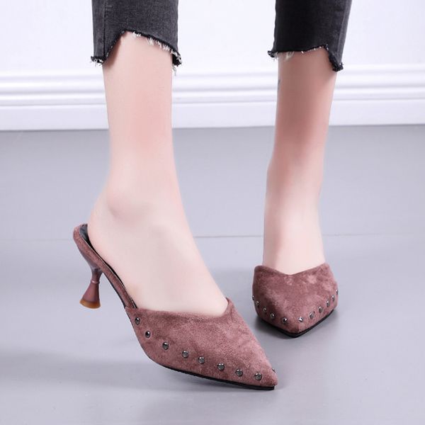 med high-heeled shoes lady shallow woman's slippers rivet pointed toe slides mules for women 2020 flock fashion thin heels, Black
med high-heeled shoes lady shallow woman's slippers rivet pointed toe slides mules for women 2020 flock fashion thin heels, Black