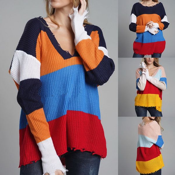 

new sweaters winter women's sweater v-neck pullover loose on both sides wearing a rainbow knit sweater, White;black