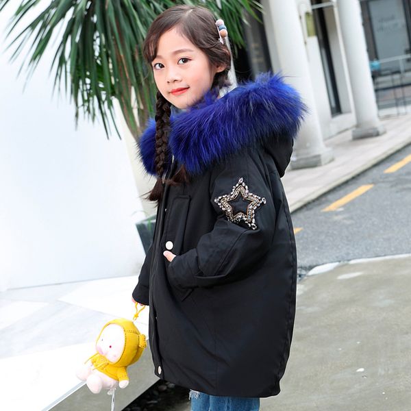 

fashion girl's duck down jackets thick warm pentagram pattern children parkas coat fur kids teenager outerwear for cold winter, Blue;gray