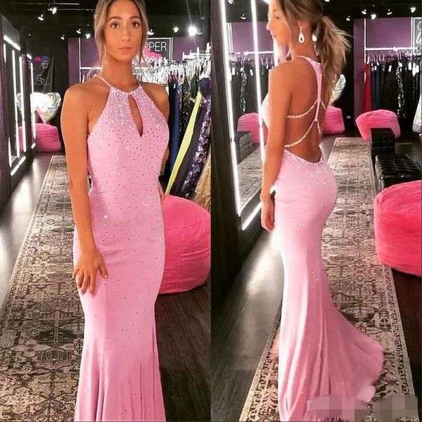 2019 pink mermaid prom dresses halter sequins keyhole neck backless sweep train chiffon evening party gowns cocktail party wear, Black
2019 pink mermaid prom dresses halter sequins keyhole neck backless sweep train chiffon evening party gowns cocktail party wear, Black
