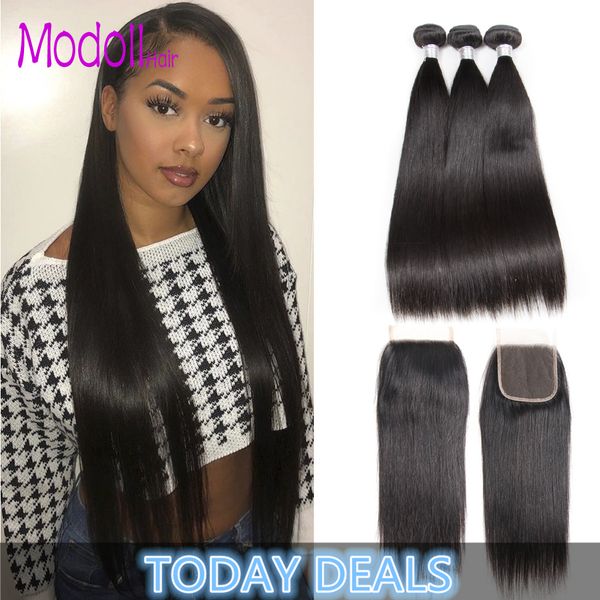 straight human hair extension 100% human hair bundles with closure brazilian hair weave 3/4 bundles straight bundles with lace closure, Black;brown