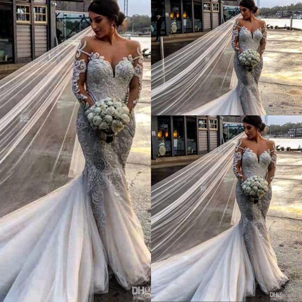 mermaid wedding dresses tulle satin lace appliques crystal pearls sheer v neck long sleeves court train plus size bridal gowns, White
mermaid wedding dresses tulle satin lace appliques crystal pearls sheer v neck long sleeves court train plus size bridal gowns, White