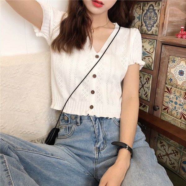 pure color v-neck t-shirt women's hollow simple slim short sleeve women's fashion loose cardigan women, White
pure color v-neck t-shirt women's hollow simple slim short sleeve women's fashion loose cardigan women, White