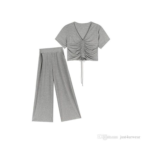 women summer two piece sets v-neck drawstring t-shirts high waist wide leg pants female fashion suit
women summer two piece sets v-neck drawstring t-shirts high waist wide leg pants female fashion suit