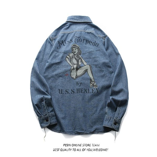american retro tide brand blue dyed washed denim vintage tooling shirt male denim shirt, White;black
american retro tide brand blue dyed washed denim vintage tooling shirt male denim shirt, White;black