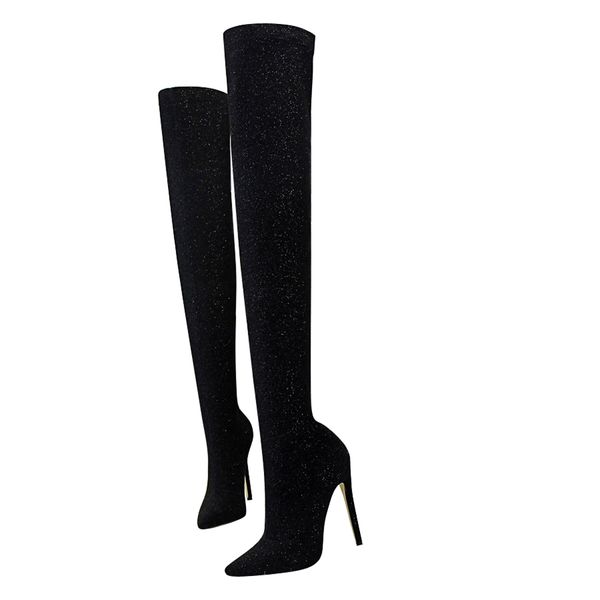 european and american fashion ultra high heel stiletto pointed sequin cloth shiny nightclub slim waist over the knee boots, Black
european and american fashion ultra high heel stiletto pointed sequin cloth shiny nightclub slim waist over the knee boots, Black