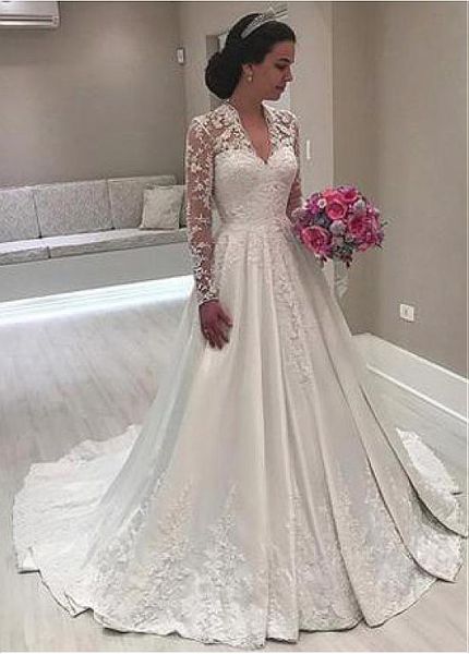 elegant satin v-neck neckline a-line long sleeve long lace wedding dresses with buttons appliques ivory bridal gowns custom made, White
elegant satin v-neck neckline a-line long sleeve long lace wedding dresses with buttons appliques ivory bridal gowns custom made, White