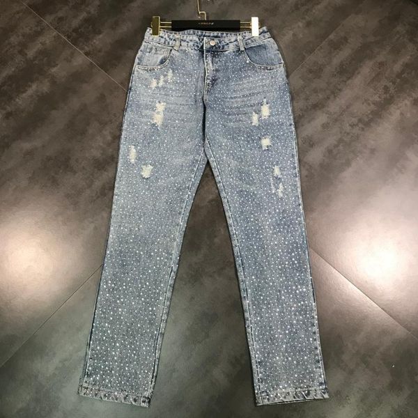 2019 summer new style front back full of holes, versatile heavy work, shiny personality with belt jeans, Blue
2019 summer new style front back full of holes, versatile heavy work, shiny personality with belt jeans, Blue