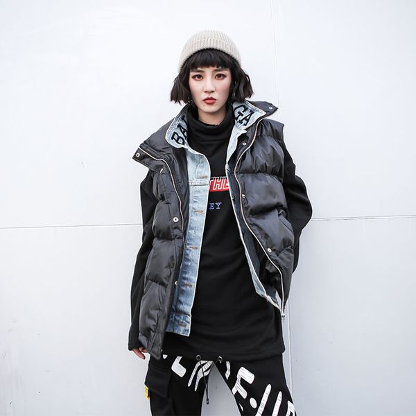 korea plus size patchwork letter vest denim tide false two pieces women clothes 2019 winter loose casual short coat b906, Black;white
korea plus size patchwork letter vest denim tide false two pieces women clothes 2019 winter loose casual short coat b906, Black;white