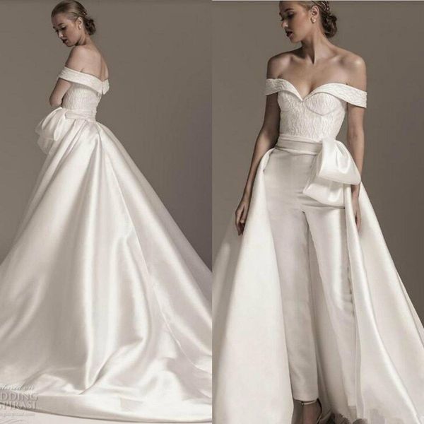 lace stain wedding jumpsuit with detachable train 2020 off shoulder plus size cathedral train bride pant suit wedding gown, White
lace stain wedding jumpsuit with detachable train 2020 off shoulder plus size cathedral train bride pant suit wedding gown, White