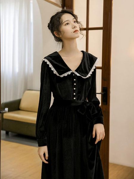 elegant black velvet women dress for slim lady vintage sailor collar lace long sleeve casual dresses korean vestido faldas kleid, Black;gray
elegant black velvet women dress for slim lady vintage sailor collar lace long sleeve casual dresses korean vestido faldas kleid, Black;gray