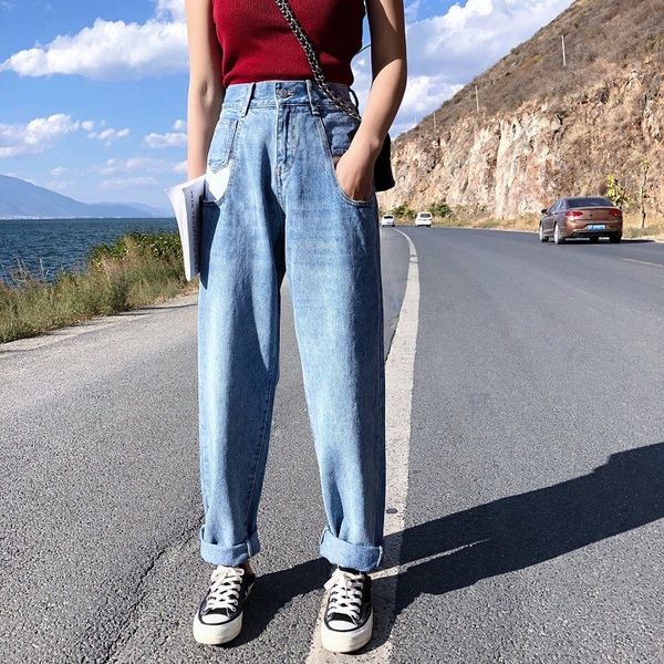 fashion 2019 spring women high waist straight jeans vintage pocket patchwork loose denim pants full length casual trousers, Blue
fashion 2019 spring women high waist straight jeans vintage pocket patchwork loose denim pants full length casual trousers, Blue