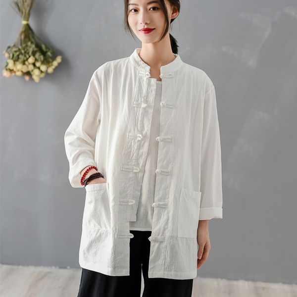 blouse women chinese-style large size cotton linen stand collar solid color female cardigan retro long sleeve casual women, White
blouse women chinese-style large size cotton linen stand collar solid color female cardigan retro long sleeve casual women, White