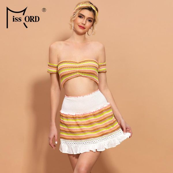 two piece dress missord 2021 summer strapless slash neck rainbow color women mini skirt set beach style holiday with headband mm3112, White 
two piece dress missord 2021 summer strapless slash neck rainbow color women mini skirt set beach style holiday with headband mm3112, White