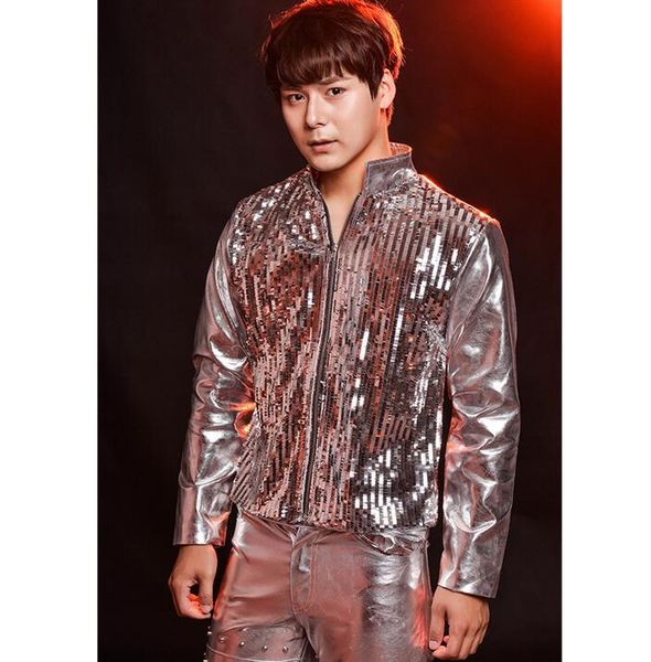 fashion singer men's sequins leather coats silver paillette mens motorcycle leather jackets clothing drum rack male costumes, Black
fashion singer men's sequins leather coats silver paillette mens motorcycle leather jackets clothing drum rack male costumes, Black