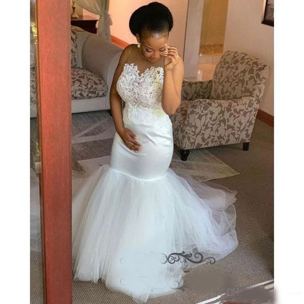 african mermaid wedding dresses with sheer neck appliques lace satin and tulle bridal gowns sweep train plus size wedding dress cheap, White
african mermaid wedding dresses with sheer neck appliques lace satin and tulle bridal gowns sweep train plus size wedding dress cheap, White