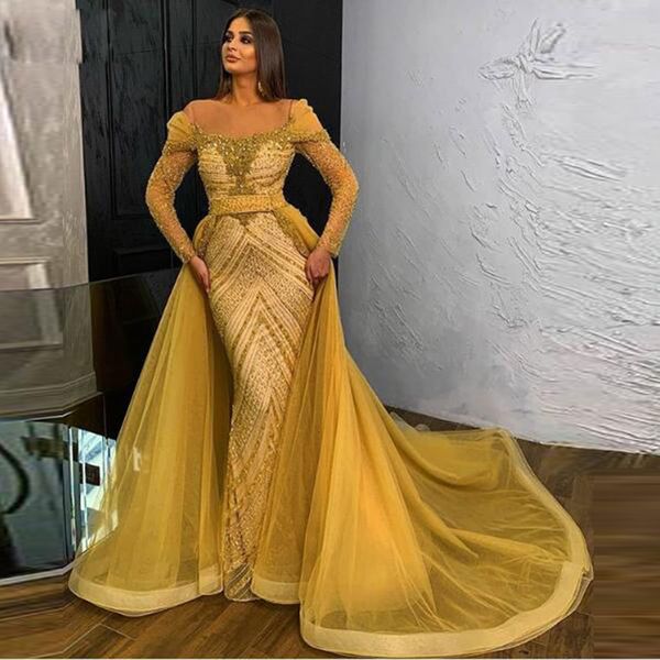 2020 saudi arabia gold evening gown with detachable train sheer neck long sleeve sparkle beading celebrity gown mermaid prom dress, Black;red
2020 saudi arabia gold evening gown with detachable train sheer neck long sleeve sparkle beading celebrity gown mermaid prom dress, Black;red