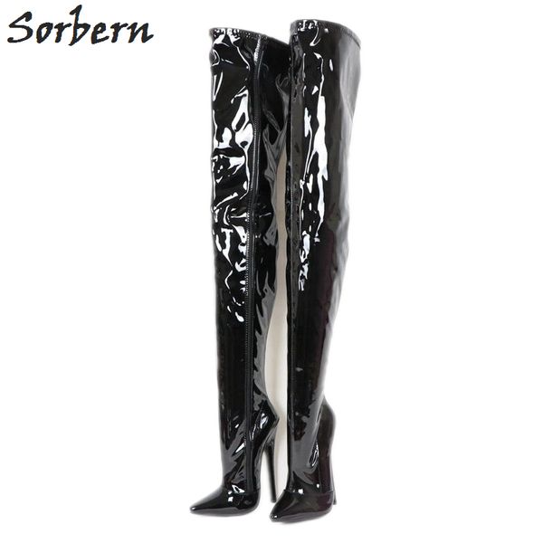 

crotch thigh high boots women 18cm high heel stilettos pointy toes stilettos long ladies boot patent fetish shoes, Black