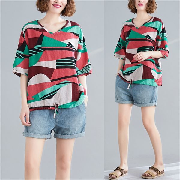 large-size short-sleeved v-neck 2020 summer artistic and comfortable cotton geometric printing t- women's leisure shirt base shirt, White
large-size short-sleeved v-neck 2020 summer artistic and comfortable cotton geometric printing t- women's leisure shirt base shirt, White