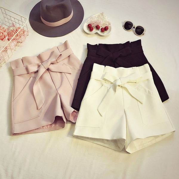 2019 new fashion summer women's high waist shorts solid color lady students all-match bow tie wide leg shorts, White;black
2019 new fashion summer women's high waist shorts solid color lady students all-match bow tie wide leg shorts, White;black