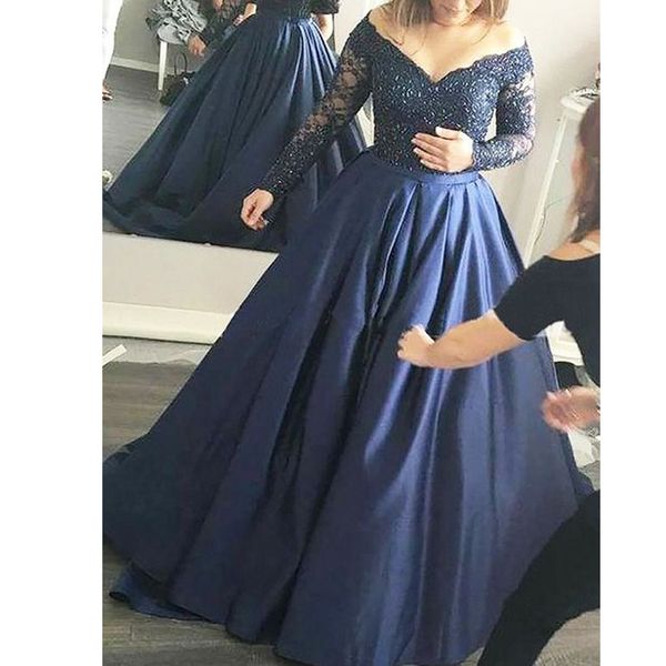 2019 navy blue off shoulder a line prom gown with lace appliques long sleeve evening gowns robe de soirée girls formal gowns, Black
2019 navy blue off shoulder a line prom gown with lace appliques long sleeve evening gowns robe de soirée girls formal gowns, Black