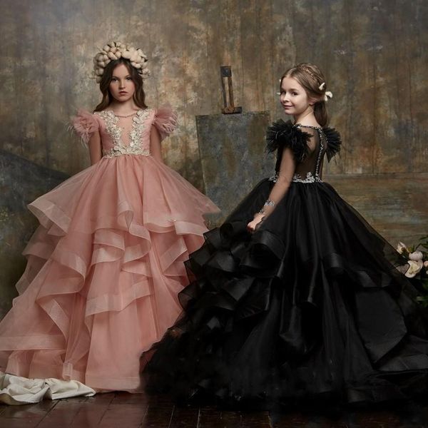 new girls pageant dresses jewel neck blush pink black cap sleeves lace appliques feather organza ruffles kids birthday flower girls gowns, White;red
new girls pageant dresses jewel neck blush pink black cap sleeves lace appliques feather organza ruffles kids birthday flower girls gowns, White;red