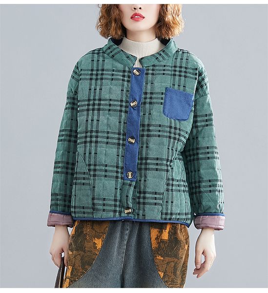 p ammy 2019 winter new large size loose plaid jacket stand collar short coat retro women's warm coat, Black;white
p ammy 2019 winter new large size loose plaid jacket stand collar short coat retro women's warm coat, Black;white