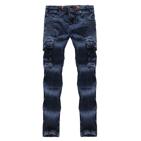 new solid color hip hop washed denim trousers back pocket long pants elastic pleated side pocket cotton tether casual jeans, Blue
new solid color hip hop washed denim trousers back pocket long pants elastic pleated side pocket cotton tether casual jeans, Blue